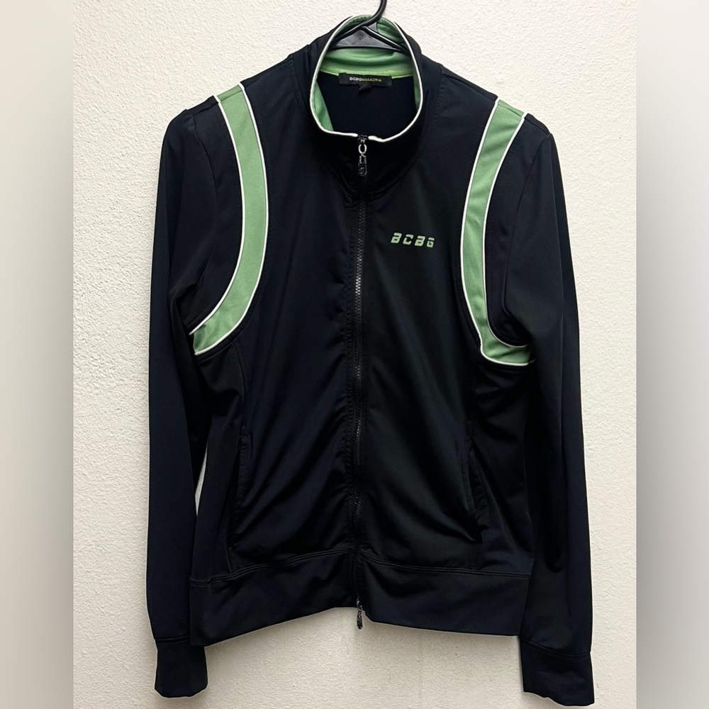 BCBGMAXAZRIA Jacket Women Large Black & Green Zip Front Stretchy Y2K